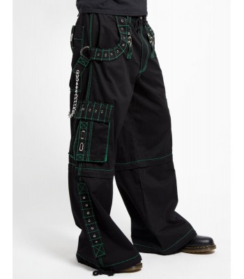 Men Gothic Bondage Pants | Baggy Convertible EMO Trousers with Chains & Green Stitching